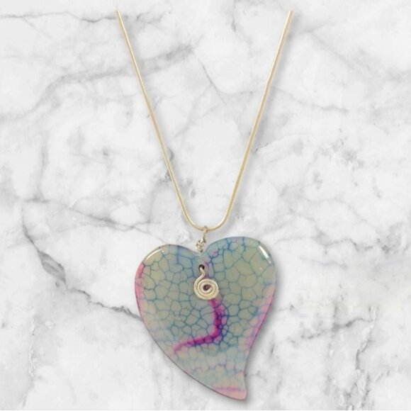 2" Dragon Vein Agate Heart Pendant Sterling Silver Chain Necklacf - Picture 1 of 8